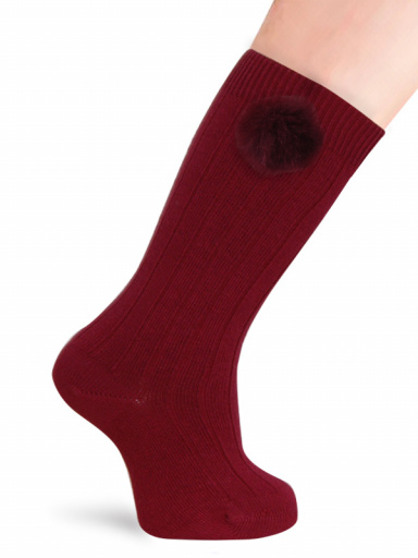 Meias altas caneladas com pompom Maroon