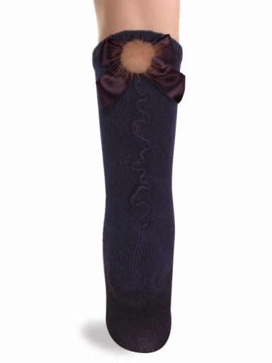 Calcetines altos con costura trasera y lazo con pompón Navyblue