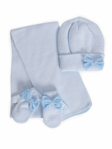 Chapéu, cachecol e luvas com laço de veludo (1-2 anos) Lightblue