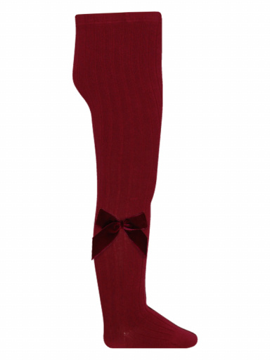 Collants canelados de menina com laço comprido de veludo Maroon